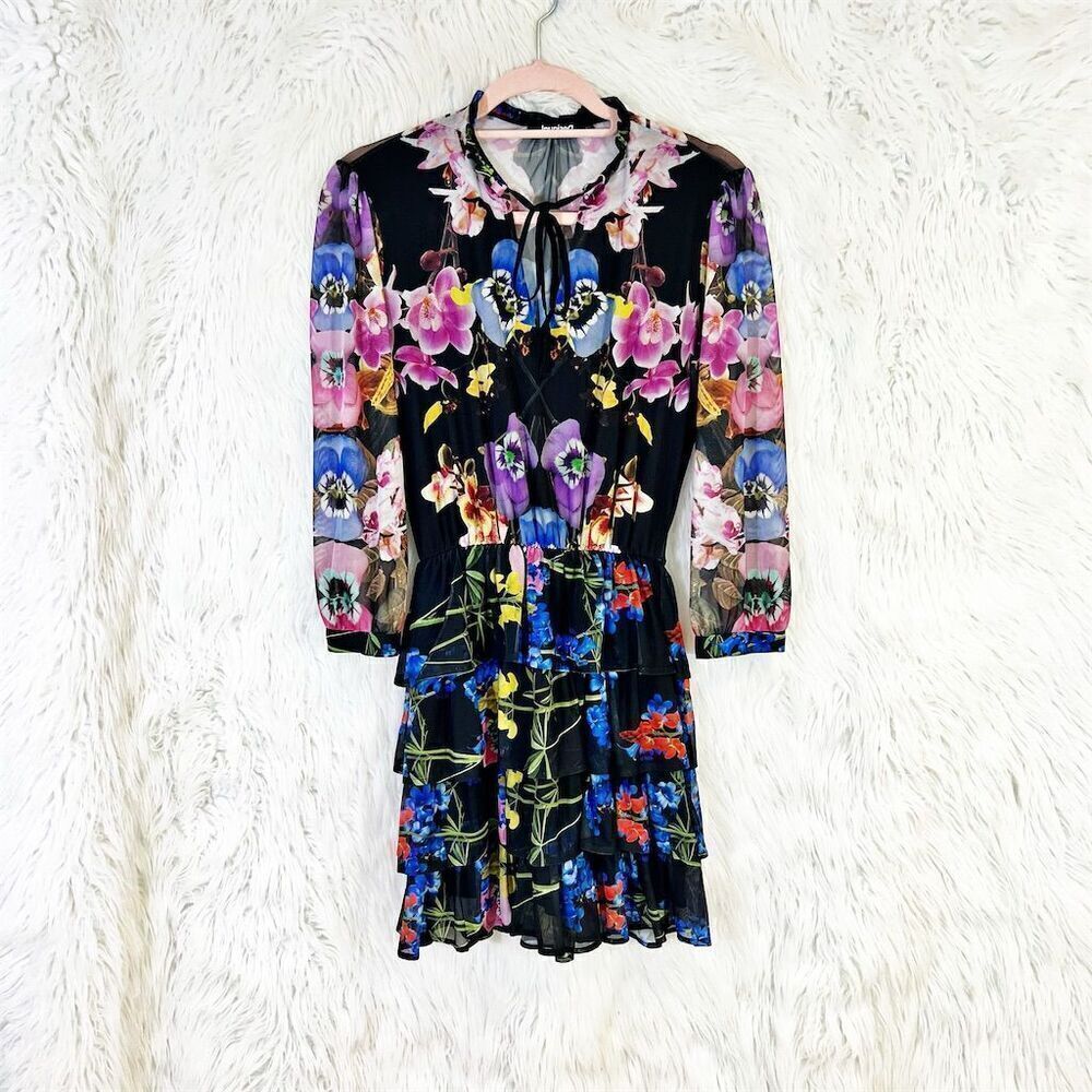 Desigual Lacroix Floral Knee Length Dress XS Multicolor Long Sleeve Ruffle - Picture 4 of 11